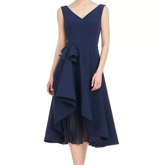 Kay Unger Midnight Blue Begonia Crepe & Chiffon Midi A-Line Dress - Picture 2 of 3